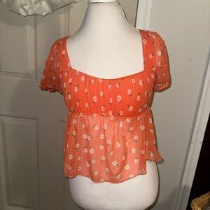 Chic Mesh Floral Peplum Blouse in Coral